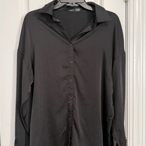 Black Button-Up Satin Shirt